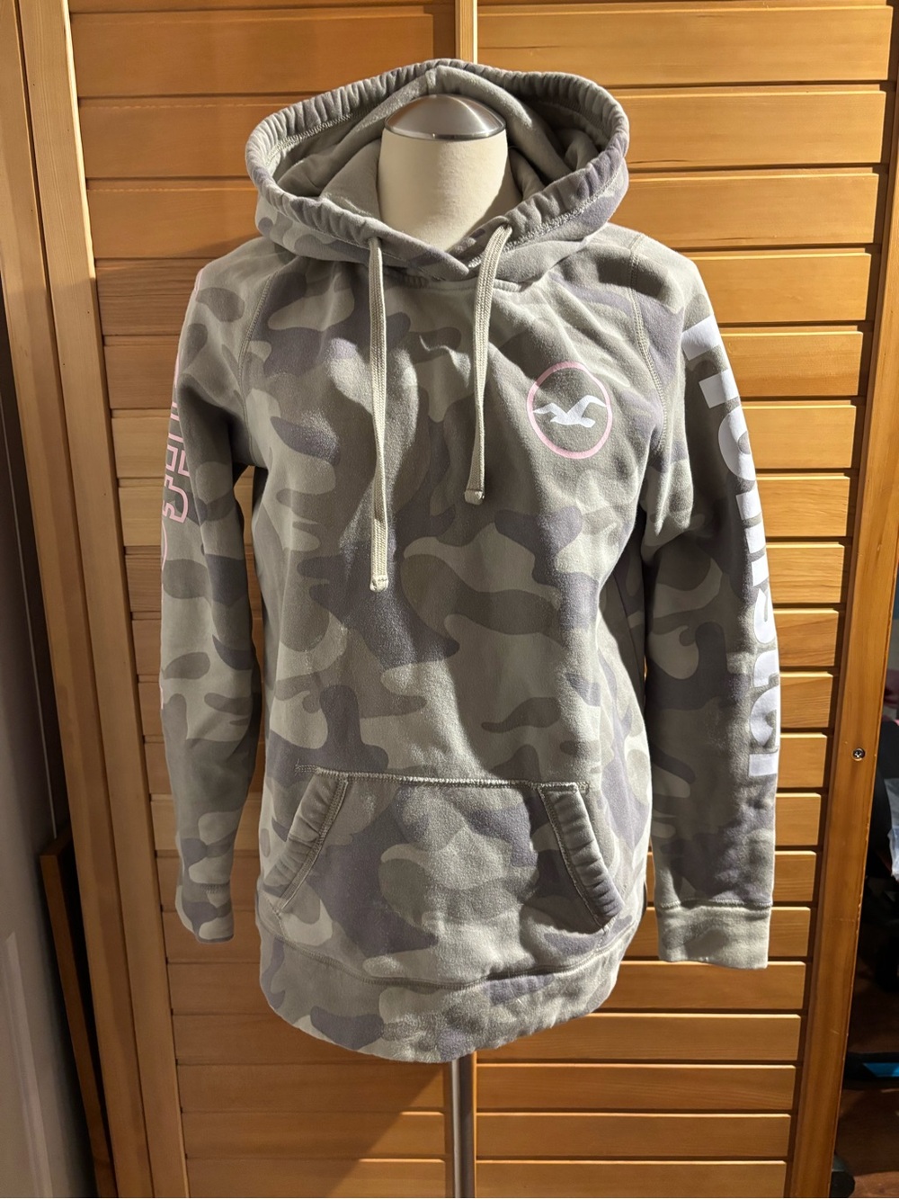 Hollister Gray Camo Pullover Hoodie with Pink Logo